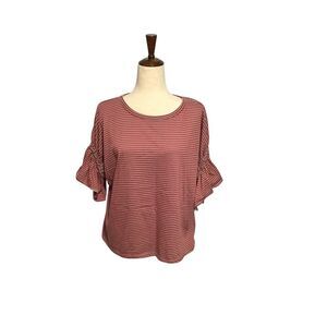 Umgee Red & Gray Striped Boxy Top with Ruched Sleeves